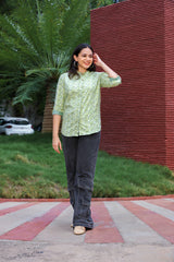 Light Green & Grey 100% Cotton Printed Full Sleeve Top