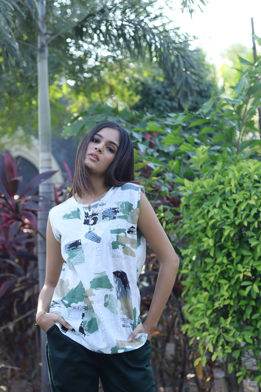 Senorita Black & green 100% Cotton Printed Co-Ord Set, Sleeve less
