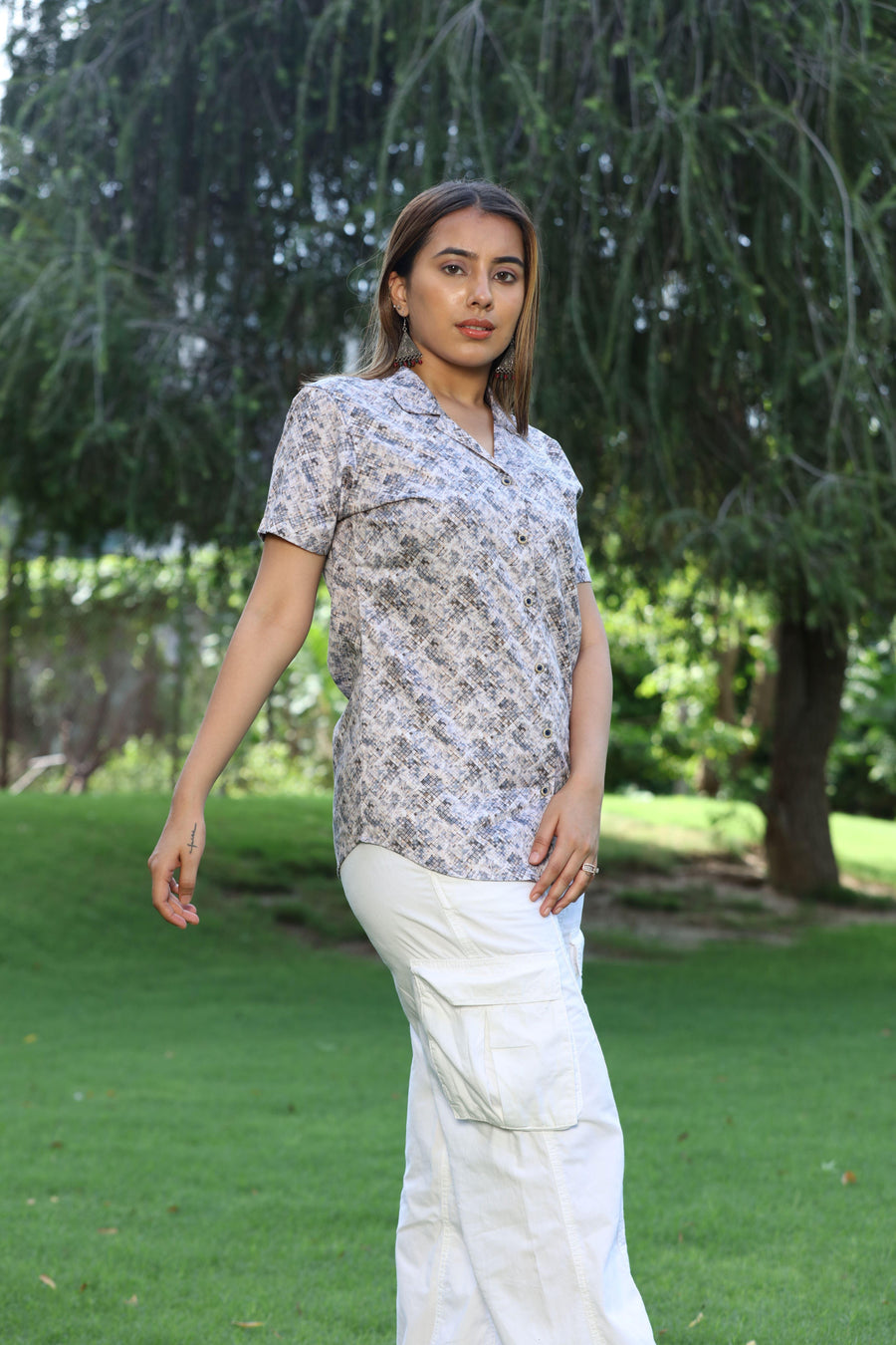 White Brown Blue 100% Cotton Satin Half Sleeve Top