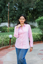 Buy Pink Striped 100% Cotton Oxford Full Sleeve Shirt Without Pocket for Women at Senorita Fashions