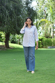 Buy Light Blue Striped Cotton Oxford Shirt Without Pocket for Women at Senorita Fashions
