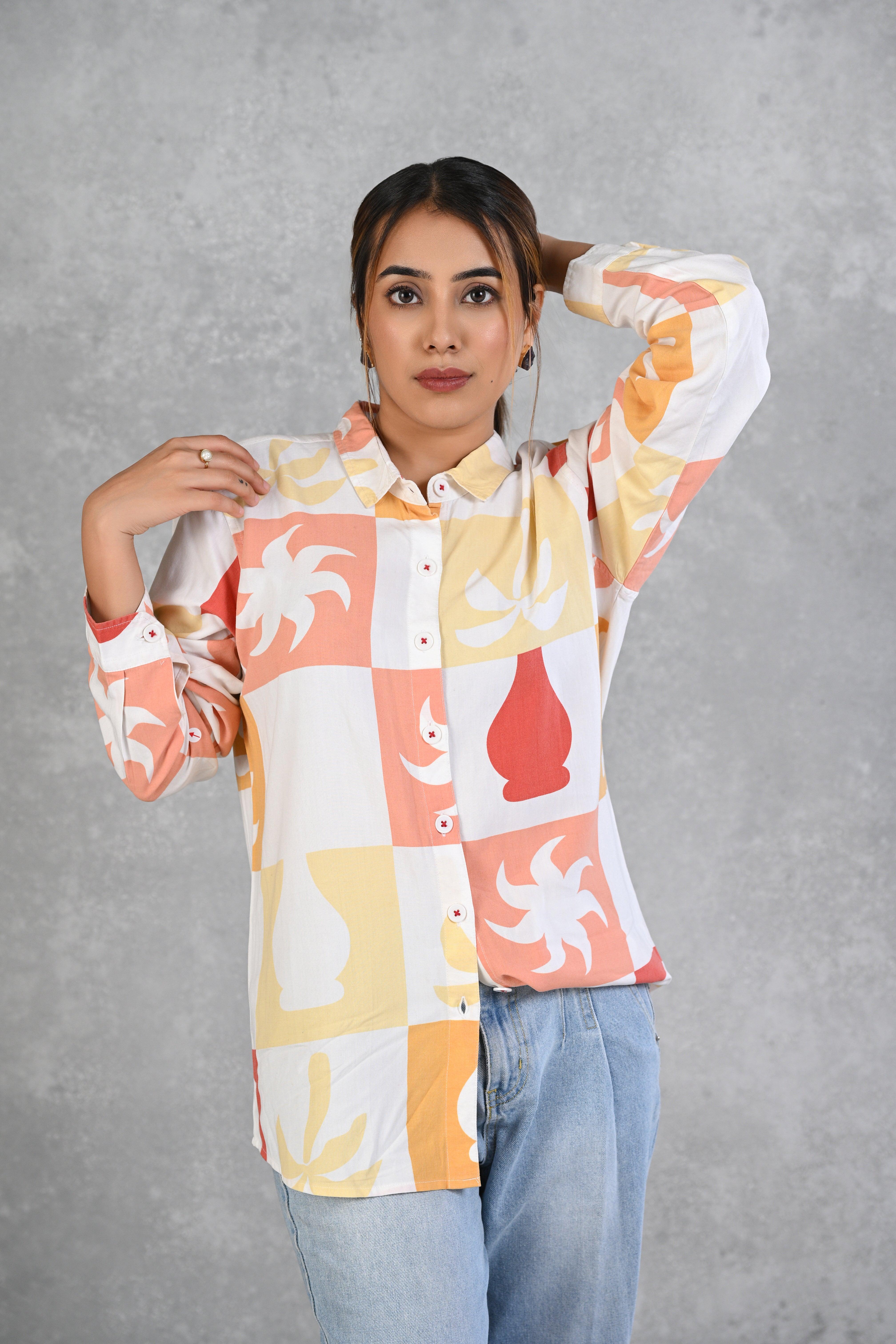 Shop Orange & Yellow Printed Modal Shirt with Full Sleeves for Women at Senorita Fashions 