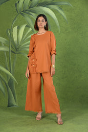 Shop Rust Orange Frayed Solid Linen Cotton Full Sleeve Co-ord Set for Women at Senorita Fashions
 