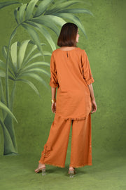 Rust Orange Frayed Solid Linen Cotton Full Sleeve Co-ord Set