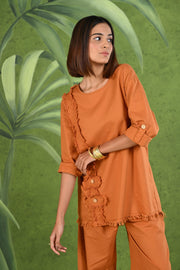 Rust Orange Frayed Solid Linen Cotton Full Sleeve Co-ord Set