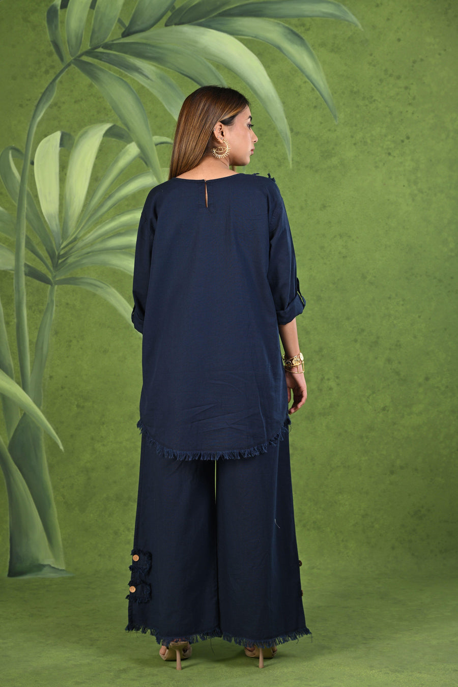 Navy Blue Frayed Solid Linen Cotton Full Sleeve Co-ord Set