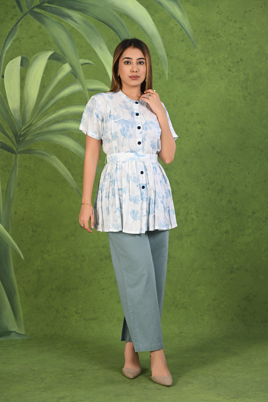 Light Blue & White Printed Frock Style Modal & Linen Cotton Half Sleeve Co-ord Set