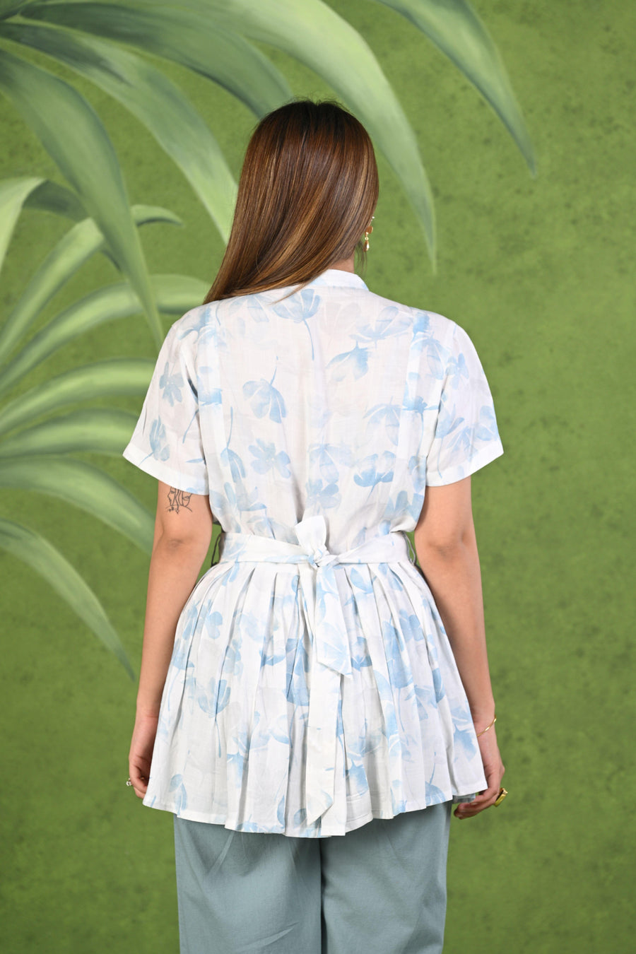 Light Blue & White Printed Frock Style Modal & Linen Cotton Half Sleeve Co-ord Set