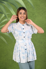 Light Blue & White Printed Frock Style Modal & Linen Cotton Half Sleeve Co-ord Set