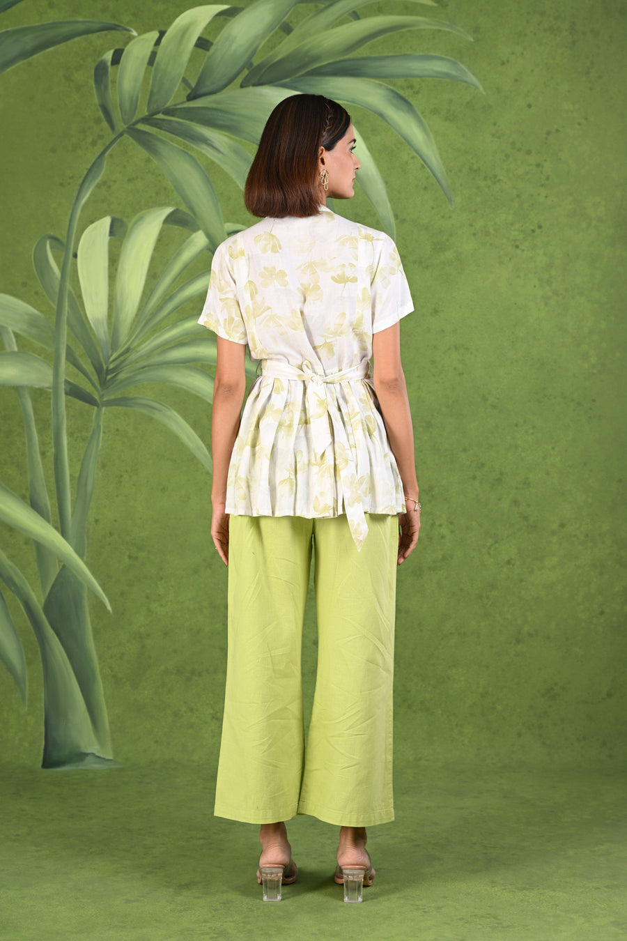 Light Green & White Printed Frock Style Modal & Linen Cotton Half Sleeve Co-ord Set