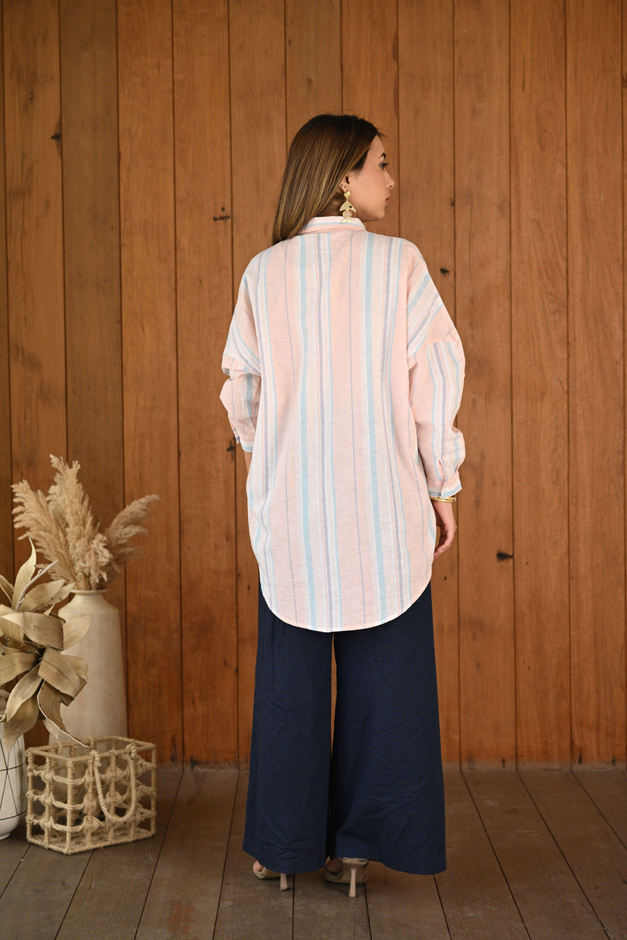 Baby Pink & Blue Striped Pattern Linen Cotton Full Sleeve Co-ord Set