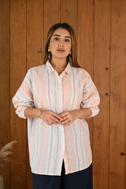 Baby Pink & Blue Striped Pattern Linen Cotton Full Sleeve Co-ord Set