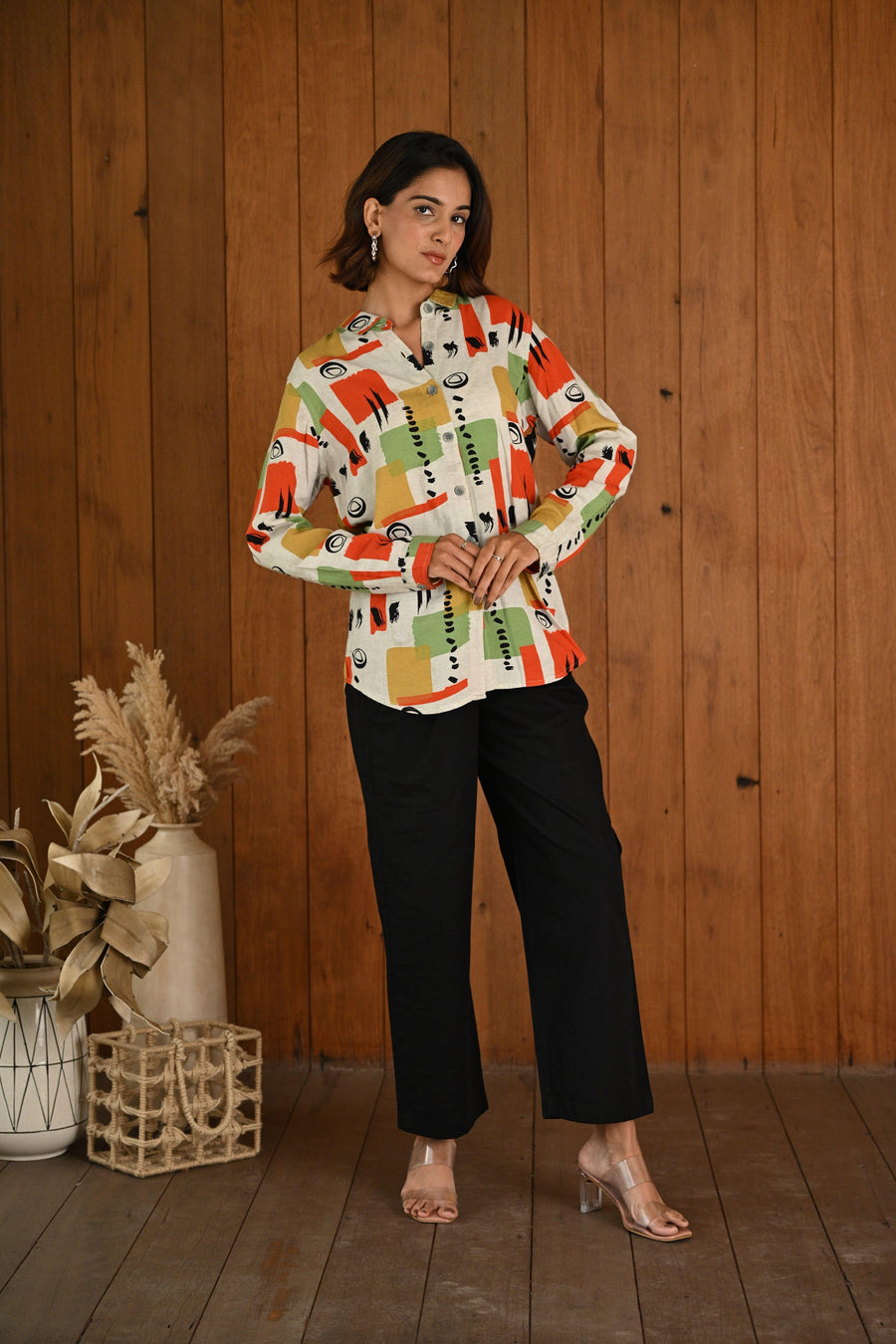 Shop Orange & Green Pattern Printed Modal & Linen Cotton Full Sleeve Co-ord Set for Women at Senorita Fashions