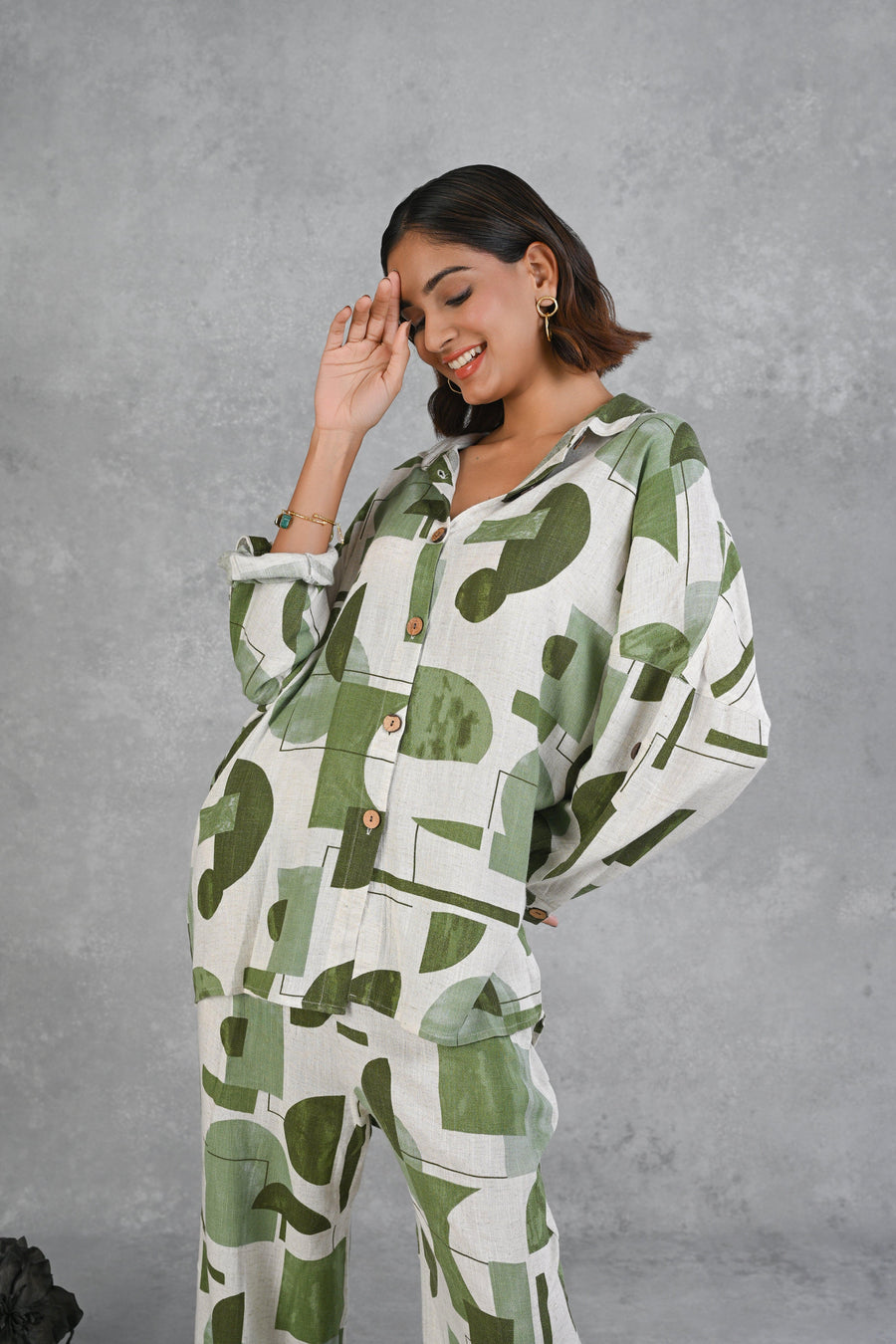 Green & White Modal Slub Printed Full Sleeve Co-ord Set