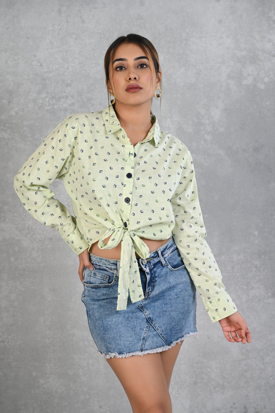 Lime Green Knotted Printed Cotton Slub Full Sleeve Top