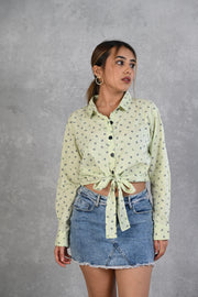 Lime Green Knotted Printed Cotton Slub Full Sleeve Top