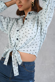 Light Blue Knotted Printed 100% Cotton Slub Full Sleeve Casual Top