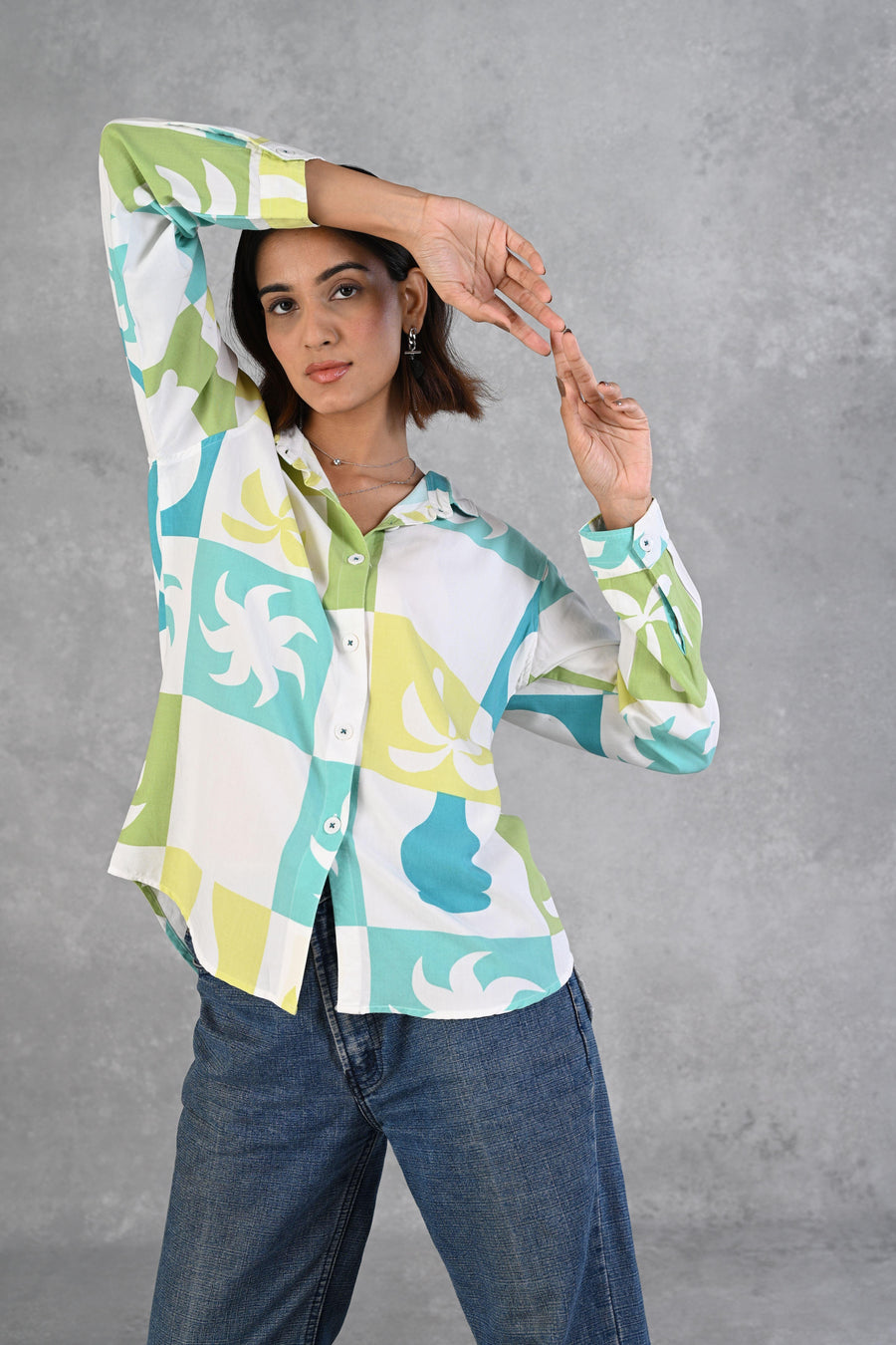 Light Blue & Green Printed Modal Full Sleeve Shirt