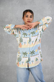 Powder Blue Beach Printed Modal Full Sleeve Shirt