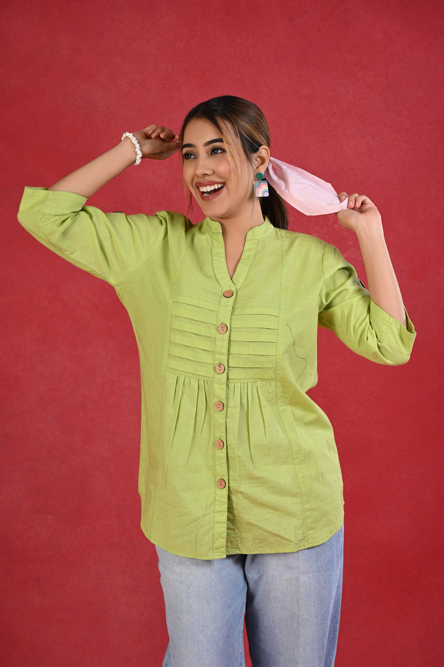 Light Green Linen Cotton Solid Full Sleeve Cotton Top