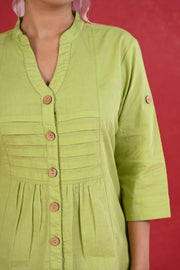 Light Green Linen Cotton Solid Full Sleeve Cotton Top