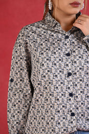 Navy Blue Grey Checkered Cotton Satin Full Sleeve Shirt