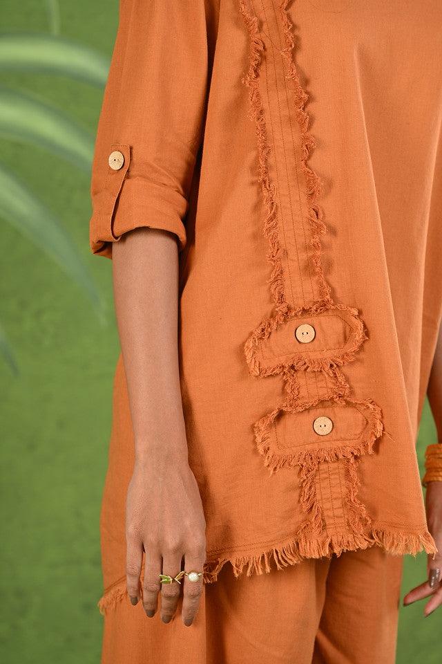 Rust Orange Frayed Solid Linen Cotton Full Sleeve Co-ord Set